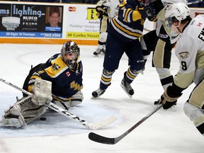 Mitch Emerson scores for TGH vs. Whitby Wednesday night. (Tim Meeks/The Intelligencer)