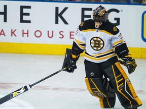 Boston Bruins goalie Malcolm Subban is seen during warm-up before a game against the Edmonton Oilers at Rexall Place in Edmonton on Feb. 18, 2015. (Ian Kucerak/Edmonton Sun/ QMI Agency)