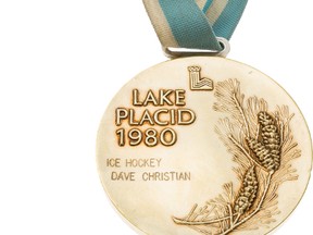 This handout provided by Heritage Auctions shows the 1980 Olympic gold medal presented to U.S. hockey player Dave Christian. (Brian Fewell/Heritage Auctions via AP)