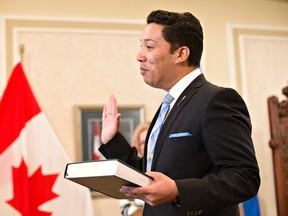 Alberta Minister of Culture and Tourism Ricardo Miranda is sworn in as a new cabinet minister in Edmonton Alta, on Monday February 2, 2016. THE CANADIAN PRESS/Jason Franson