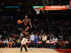 Terrence Ross of the Toronto Raptors attempts a dunk during the Sprite Slam Dunk Contest on State Farm All-Star Saturday Night during NBA All-Star Weekend in Houston on Feb. 16, 2013. (Garrett Ellwood/NBAE via Getty Images/AFP)