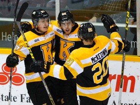 Kingston Frontenacs Lawson Crouse, left, Juho Lammikko and Roland McKeown celebrate a goal against the Petes during OHL action Dec. 3 in Peterborough. (Postmedia Network file photo)