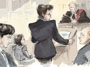 In this artist's sketch, Jian Ghomeshi (left to right), his lawyers Danielle Robitaille and Marie Henein, Justice William Horkins and Crown Michael Callaghan appear in court during closing arguments at Ghomeshi's sexual assault trial in Toronto on Feb. 11, 2016. THE CANADIAN PRESS/Alexandra Newbould