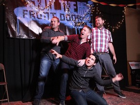 Shut The Front Door Improv comedy team, including Brandon Rudd, Jim Kelly, Taylor Axford (kneeling) and Ryan Holden will perform two shows at London Music Club Friday.