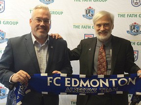 Jay Ball poses with team owner Tom Fath at the FC Edmonton offices. The team announced Thursday that it hired ball as its new GM. (Supplied photo)