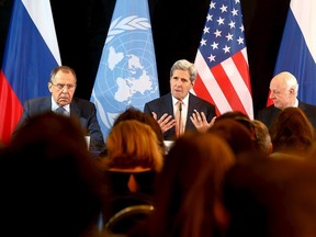 Russian Foreign Minister Sergei Lavrov, U.S. Secretary of State John Kerry and UN Special Envoy for Syria, Staffan de Mistura (L-R) attend a news conference after the International Syria Support Group (ISSG) meeting in Munich, Germany, February 12, 2016. REUTERS/Michael Dalder