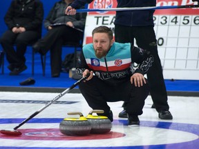 Skip Charley Thomas calls a shot against Team Yablonsky during the second draw of the 2016 Boston Pizza Cup in Camrose this week. (Jessica Ryan)