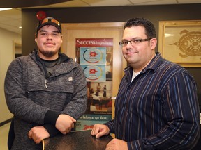 Michael Jacko, left, a graduate of the Line Crew Ground Support program offered through Infrastructure Health and Safety, and Reg Canard, skills development co-ordinator at Gezhtoojig Employment Training Centre in Sudbury, Ont., were on hand at the centre for a funding announcement by the Ontario government for aboriginal students on Thursday February 11, 2016. The centre will receive more than $539,000 over two years to provide 48 students the opportunity to complete the Line Crew Ground Support program with the possibility of more training at Cambrian College. Cambrian College received more than $138,000 over two years to provided six aboriginal students from Northwestern Ontario with training in the college's Industrial Mechanical Millwright Technical program. John Lappa/Sudbury Star/Postmedia Network