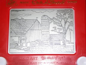 In this June 26, 2008 file photo, an Etch A Sketch drawing made by artist Andy Kingston depicts a rural farm scene in Poplar Bluff, Mo. Ohio Art Co. sold the Etch A Sketch and the spinoff Doodle Sketch to Spin Master Corp. for an undisclosed price to a toy firm in Toronto. Ohio Art announced the surprise move Thursday, Feb. 11, 2016. (Margaret Harwell/The Daily American Republic via AP)