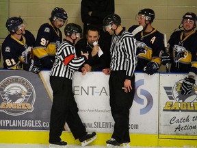 Eagles coach Mike Tavaroli has a stern word with the officials earlier this year.  - Photo by Mitch Goldenberg