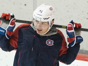 Montreal Canadiens goaltender Carey Price looks on during practice in Brossard, near Montreal, on Jan. 21, 2016. (THE CANADIAN PRESS/Graham Hughes)