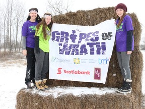 BRUCE BELL/THE INTELLIGENCER
The third annual Grapes of Wrath Stomp and Romp Survival Race will have a younger field this year after organizers announced the age limit would be lowered to 14, allowing these St. Theresa Catholic Secondary School students (left to right) Sara Cannons, Makenna Reid and Leah Hogan to participate. The date for this year's event at Hiller Creek Estates Winery has been moved to Sept. 10.