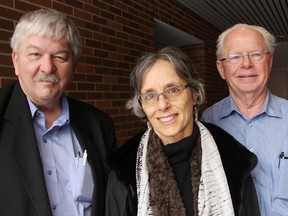 Ontario Environmental Commissioner Dianne Saxe spent time this week touring farms in Lambton County with the Ontario Federation of Agriculture (OFA). She's pictured, at the Western University Research Park in Sarnia, Friday, with Don McCabe, OFA president, left, and Murray McLaughlin, executive director of Bioindustrial Innovation Canada. Tyler Kula/Sarnia Observer/Postmedia Network