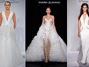 From left to right, designs by Dennis Basso, Mark Zunino and Pnina Tornai. (Supplied: Kleinfeld)