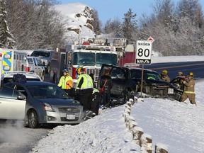 Emergency Medical Services personnel attended a three-vehicle collision on MR 35 near the Lasalle extension in Greater Sudbury, Ont. on Thursday February 4, 2016. John Lappa/Sudbury Star/Postmedia Network