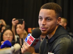 Western Conference guard Stephen Curry of the Golden State Warriors speaks during media day for NBA All-Star Weekend at Sheraton Centre in Toronto on Feb. 12, 2016. (Bob Donnan/USA TODAY Sports)