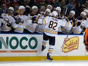 Sabres left wing Marcus Foligno (82) celebrates his penalty shot goal against the Canadiens during the second period in Buffalo on Friday, Feb. 12, 2016. (Timothy T. Ludwig/USA TODAY Sports)