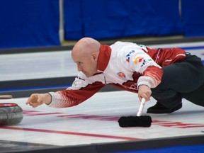Kevin Koe, shown here competing Wednesday at the Boston Pizza Cup in Camrose, advanced to the A-B final Saturday by defeating Mick Lizmore in the B Event qualifier on Friday. (Jessica Ryan)