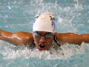 Nes Tulang of St. Pat's competes in the senior girl's medley relay during the Lambton Kent high school swimming championships at the Sarnia YMCA on Friday February 12, 2016 in Sarnia, Ont. With 117 swimmers competing, St. Pat's captured the men's, women's and overall titles, while all individual event winners and athletes who made qualifying standards will advance to SWOSSAA Feb. 23. in Windsor. Terry Bridge/Sarnia Observer/Postmedia Network