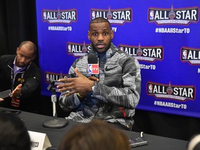 LeBron James of the Cleveland Cavaliers speaks during media day for the 2016 NBA All Star Game at Sheraton Centre. (Bob Donnan/USA TODAY Sports)