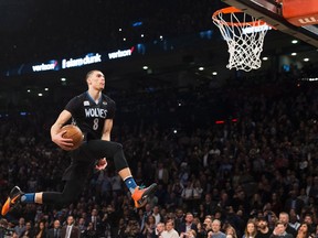 Minnesota Timberwolves' Zach LaVine slam dunks the ball during the NBA all-star skills competition in Toronto on Saturday, February 13, 2016. LaVine won the event. (THE CANADIAN PRESS/Mark Blinch)