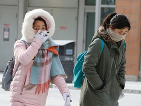 Two people brave the frigid temperatures in Toronto on Sunday. (MICHAEL PEAKE)