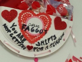 Photo of a homophobic message scrawled on a Valentine's Day card belonging to a worker at a north Edmonton party supply store.