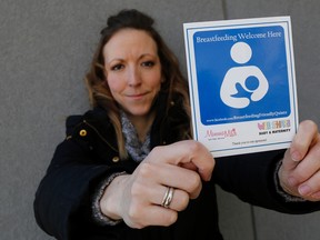 Megan Irvine, campaign director of Breastfeeding Friendly Quinte, shows off stickers that are being used to promote breastfeeding friendly businesses in the Quinte area.

She is shown here, on Sunday February 14, 2016 in Belleville, Ont. Emily Mountney-Lessard/Belleville Intelligencer/Postmedia Network