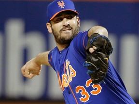 In this Saturday, Oct. 17, 2015 file photo, New York Mets pitcher Matt Harvey throws during the first inning of Game 1 of the National League baseball championship series against the Chicago Cubs in New York. Now that most of this offseason's business is complete, the New York Mets may turn their attention to long-term deals for the hard-throwing young starting pitchers who helped the team reach the World Series for the first time since 2000, Wednesday, Feb. 3, 2016.(AP Photo/Julie Jacobson, File)