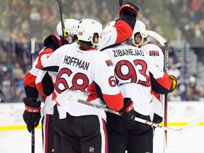 The Ottawa Senators celebrate after a goal against the Columbus Blue Jackets at Nationwide Arena. The Blue Jackets won the game 4-2. Greg Bartram-USA TODAY Sports
