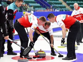 Kevin Koe's team, shown here in action during the final at the Boston Pizza Cup on Sunday in Camrose, say the field in this year's Brier could be the toughest they've ever competed against. (Amielle Christopherson)