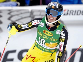 Canada's Marie-Michele Gagnon won bronze in a women's World Cup slalom race in Crans Montana, Switzerland, on Monday, Feb. 15, 2016. (Alessandro Trovati/AP Photo)
