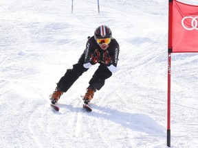 Joel Beaudette, of Ecole secondaire Macdonald-Cartier, competes in the boys giant slalom event at the local high school alpine ski championship at Adanac Ski Hill in Sudbury, Ont. on Friday February 12, 2016.