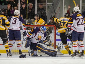 Kingston Frontenacs’ Juho Lammikko (82) scores the first goal of the game during a 6-4 win against the Barrie Colts in Ontario Hockey League action at the Rogers K-Rock Centre on Monday. (Julia McKay/The Whig-Standard)