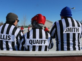 Bay of Quinte MP Neil Ellis, Prince Edward County Mayor Robert Quaiff and Prince Edward Hastings MPP Todd Smith were on hand to referee the Battle of the Blazes hockey tournament on Saturday at the Sophiasburgh Winterfest in Demorestville. Teams from Sophiasburgh, Belleville and Tyendinaga Fire Departments took part in the round-robin affair.
