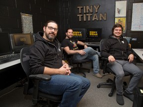 Glenn Stanway, Jeff Evans and Christian Czajkowski at video game company Tiny Titan in London, Ont. on Friday February 12, 2016. (DEREK RUTTAN, The London Free Press)