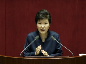 South Korean President Park Geun-hye delivers her speech during a plenary session at the National Assembly in Seoul, South Korea, February 16, 2016.  REUTERS/Kim Hong-Ji