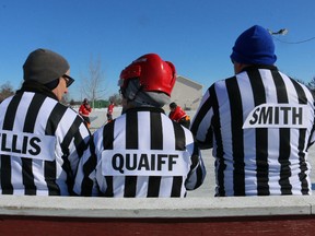 BRUCE BELL/The Intelligencer
Bay of Quinte MP Neil Ellis, Prince Edward County Mayor Robert Quaiff and Prince Edward Hastings MPP Todd Smith were on hand to referee the Battle of the Blazes hockey tournament on Saturday at the Sophiasburgh Winterfest in Demorestville. Teams from Sophiasburgh, Belleville and Tyendinaga Fire Departments took part in the round-robin affair.