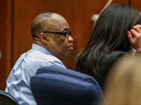 Lonnie Franklin Jr., left, appears in Los Angeles Superior Court for opening statements in his trial on Tuesday, Feb. 16, 2016, in Los Angeles. (Al Seib/Los Angeles Times via AP, Pool)