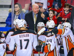 Feb 15, 2016; Calgary, Alberta, CAN; Anaheim Ducks head coach Bruce Boudreau on his bench against the Calgary Flames during the third period at Scotiabank Saddledome. Anaheim Ducks won 6-4. Mandatory Credit: Sergei Belski-USA TODAY Sports