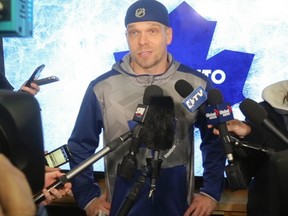 Milan Michalek talks to reporters at Maple Leafs practice in Toronto Wednesday, Feb. 17, 2015. (Jack Boland/Toronto Sun)
