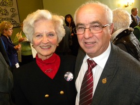 Northumberland-Quinte West MPP Lou Rinaldi with Donna O'Neil at a Queen's Park reception Wednesday  following a tribute to her later husband, former cabinet minister Hugh O'Neil. Rinaldi, Prince Edward Hastings MPP Todd Smith and Oshawa NDP MPP Jennifer French paid tribute to O'Neil delivering five-minutes speeches. MPPs gave O'Neil a standing ovation, bringing tears to family members and friends who made the trip to Toronto. 
Ernst Kuglin/The Intelligencer