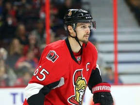 Erik Karlsson of the Ottawa Senators against the Buffalo Sabres during second period of NHL action at Canadian Tire Centre in Ottawa, February 16, 2016. (Jean Levac)