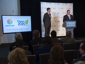 Tim Reid, President and CEO of Northlands,  unveiled Vision 2020. Northlands long-term strategic plan that will bring about an end to horse racing at Northlands Park. He was joined by Mayor Don Iveson.  Photo by Shaughn Butts. POSTMEDIA NETWORK