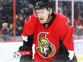 Dion Phaneuf of the Ottawa Senators against the Buffalo Sabres during second period of NHL action at Canadian Tire Centre in Ottawa, February 16, 2016. Jean Levac
