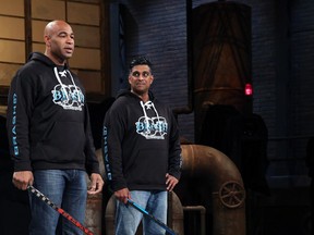 Managing partners of Brash87 Hockey Kingston's Jibin Joseph, right, and former National Hockey League player Donald Brashear appeared before the Dragons' Den in May where they received $500,000 for 40% of their company. (Supplied photo)