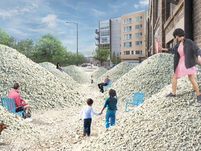 An artist's rendition shows an installation of Winnipeg’s 2016 Cool Gardens featuring gravel dunes. Winnipeg's summer-long Cool Gardens event, featuring innovative designs in downtown public spaces, tries to expand the idea of what a garden might be. THE CANADIAN PRESS/HO
