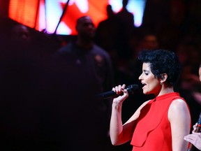 Dave Abel/Postmedia Network
Nelly Furtado sings the Canadian national anthem during the NBA All-Star Game at the Air Canada Centre in Toronto on Sunday.
