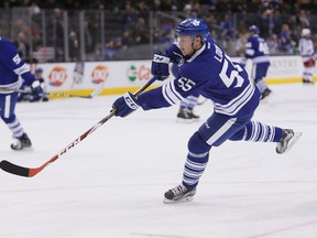 Defenceman Viktor Loov picked up an assist in the first period of his NHL debut with the Maple Leafs during Thursday's game against the New York Rangers at the ACC. (USA TODAY SPORTS/PHOTO)