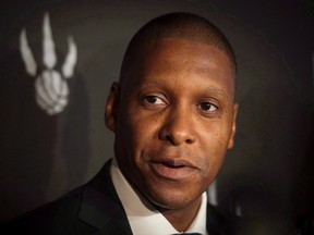 Toronto Raptors GM Masai Ujiri speaks to reporters at the team's media day at the Air Canada Centre in Toronto on Monday, September 29, 2014. (THE CANADIAN PRESS/Darren Calabrese)